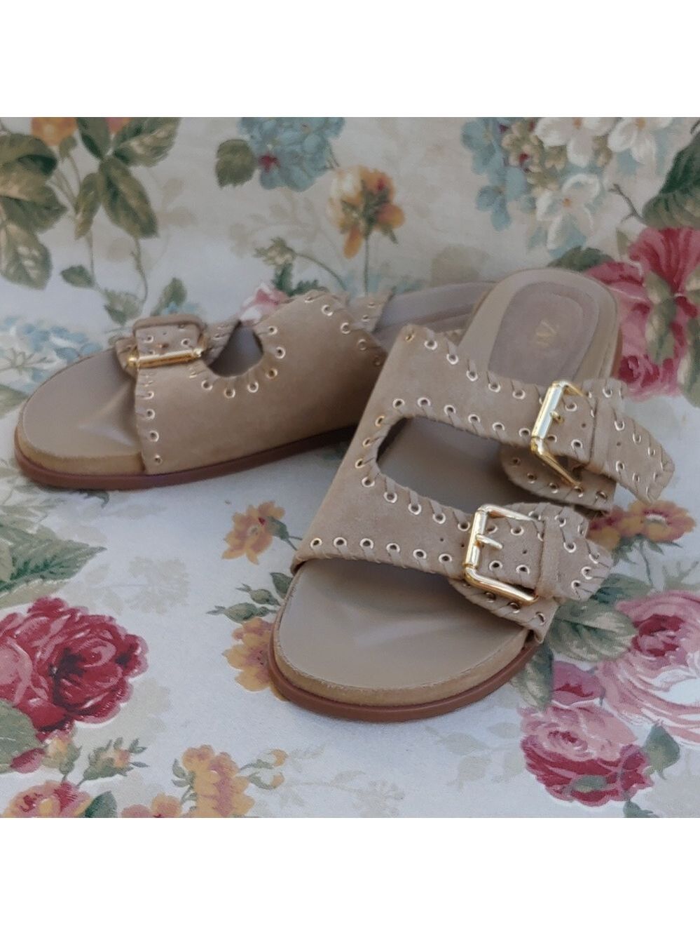 Zara Tan Suede Double Strap Slide Sandals with Gromets Women's size US 11 Euro 4 - Picture 13 of 17